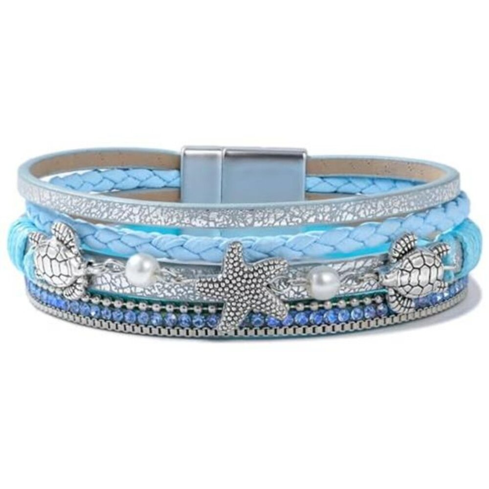 FANCY SHINY Turtle Starfish Leather Wrap Bracelet Boho Rhinestone Pearl Cuff